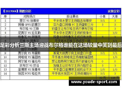 足彩分析兰斯主场迎战布尔格谁能在这场较量中笑到最后